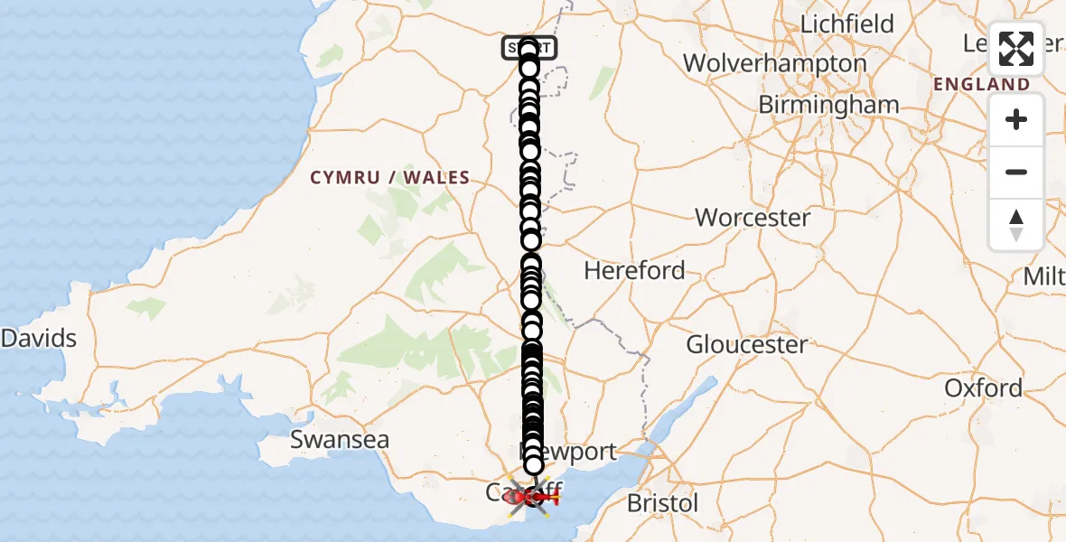 Flight route map: Air Ambulance Helicopter to Cardiff Heliport, Cardiff Heliport