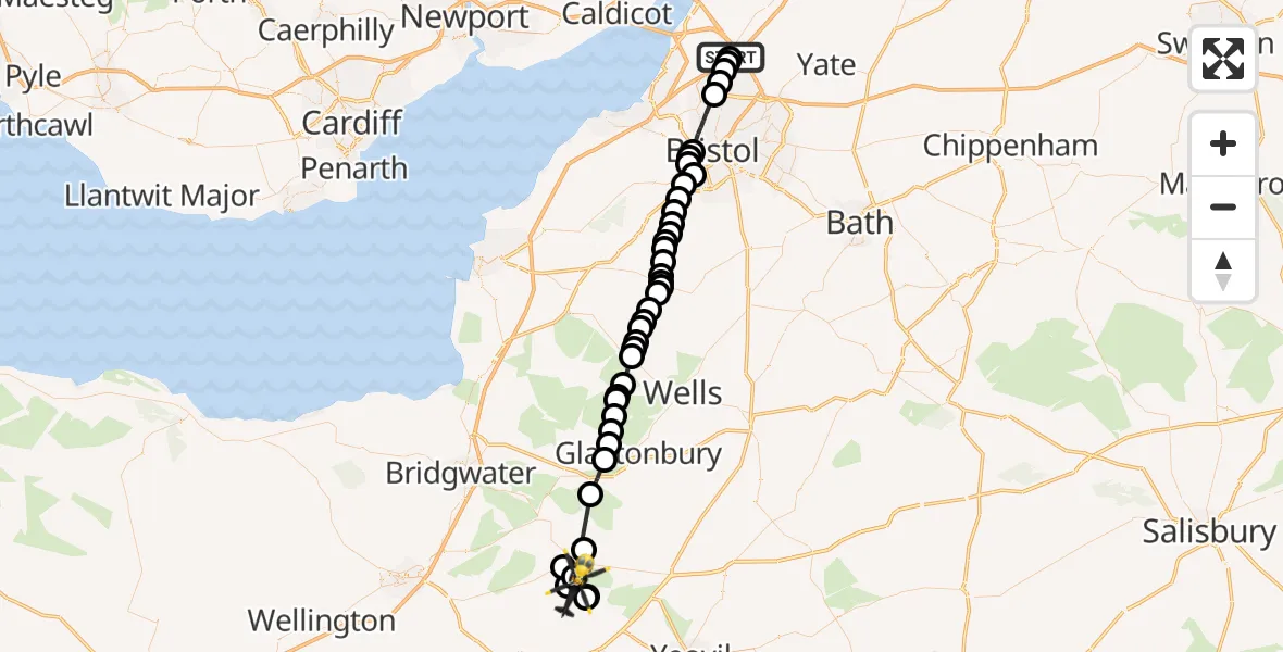 Flight route map: Police Helicopter to Muchelney, Thorney Road