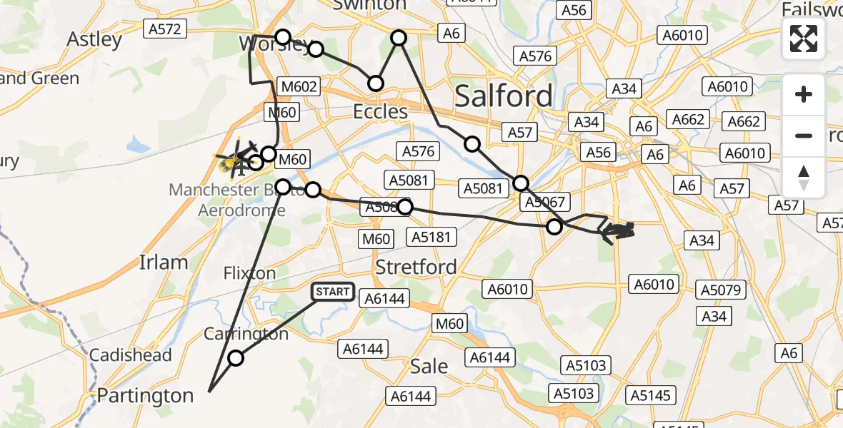 Flight route map: Police Helicopter to Worsley, Twelve Yards Road
