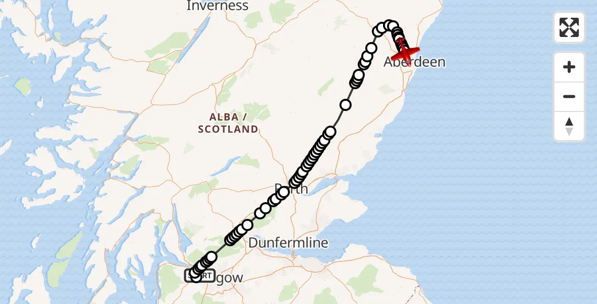 Flight path map showing Air Ambulance Aircraft route from Glasgow Airport to Aberdeen International Airport