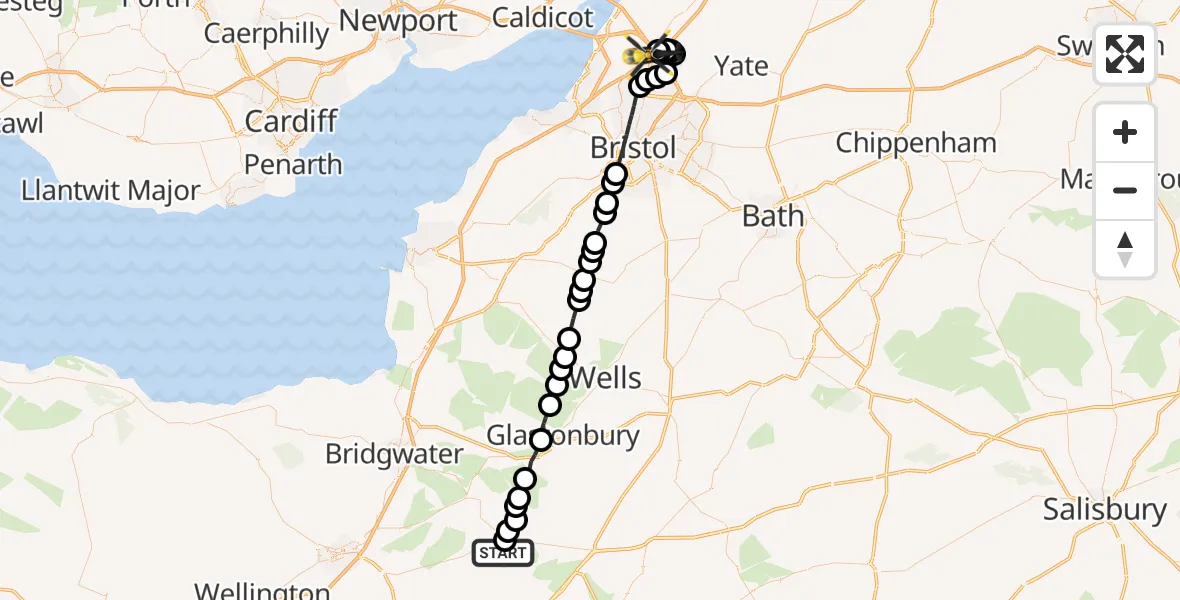 Routekaart van de vlucht: Police Helicopter to Almondsbury Helicopter Base, Almondsbury Helicopter Base