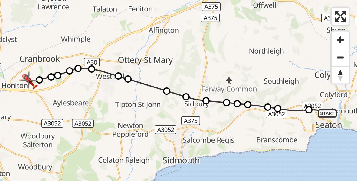 Flight route map: Air Ambulance Helicopter to Exeter International Airport, Exeter International Airport
