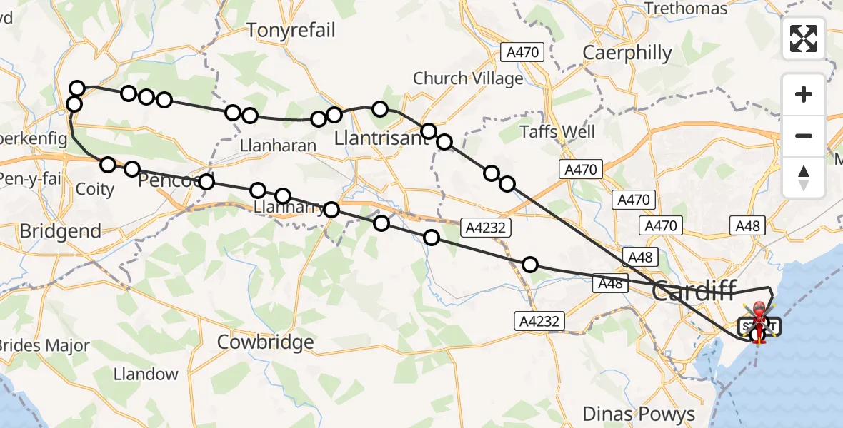 Flight path map showing Air Ambulance Helicopter route from Cardiff Heliport to Cardiff Heliport