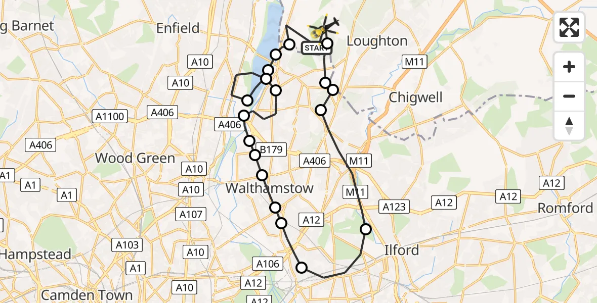 Routekaart van de vlucht: Police Helicopter to Sewardstonebury, Lippitts Hill