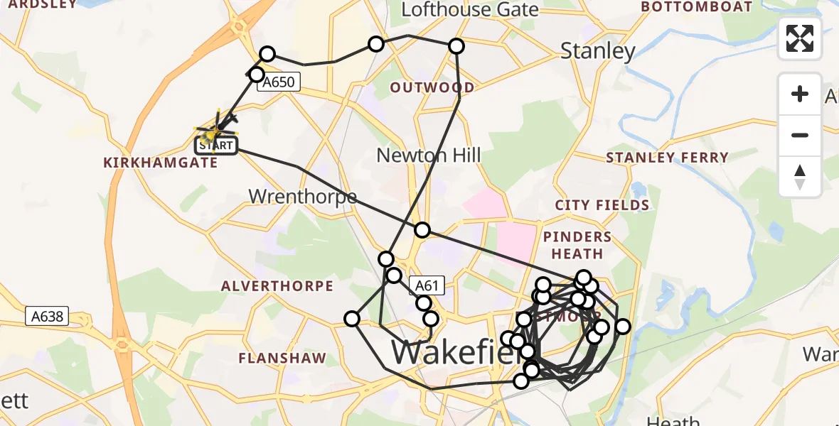Flight path map showing Police Helicopter route from Wrenthorpe to Wrenthorpe