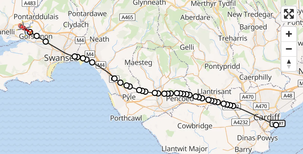 Flight route map: Air Ambulance Helicopter to Llangennech, Aber Llwchwr