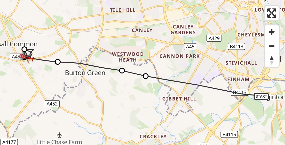 Flight route map: Air Ambulance Helicopter to Berkswell, Meeting House Lane