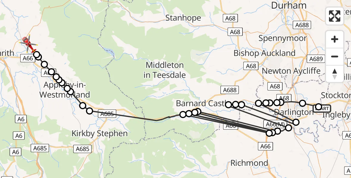 Flight route map: Air Ambulance Helicopter to Langwathby, Langwathby
