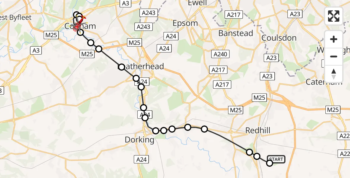 Flight route map: Air Ambulance Helicopter to Cobham, Oakfield Road