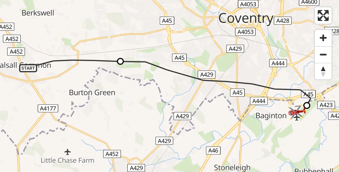 Routekaart van de vlucht: Air Ambulance Helicopter to Coventry Airport, Coventry Airport