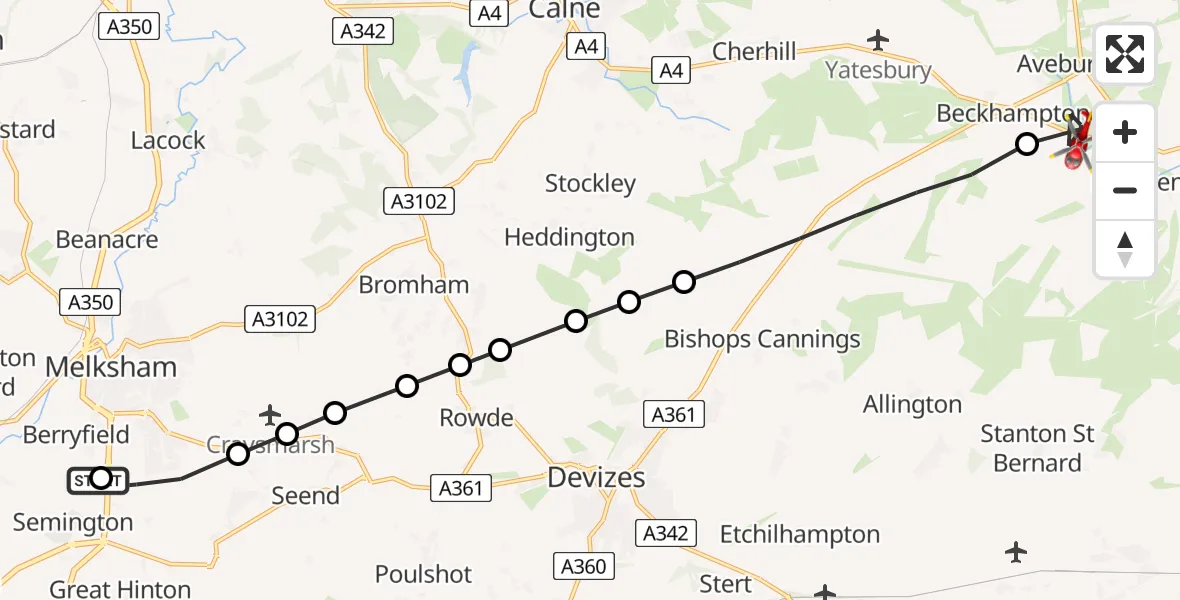 Flight route map: Air Ambulance Helicopter to Beckhampton, A4