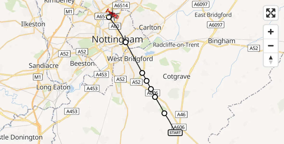 Flight route map: Air Ambulance Helicopter to Bulwell, Glendon Drive