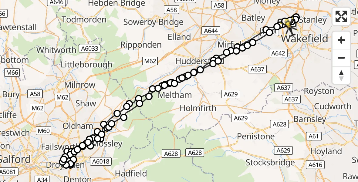Flight path map showing Police Helicopter route from Wakefield to Wrenthorpe