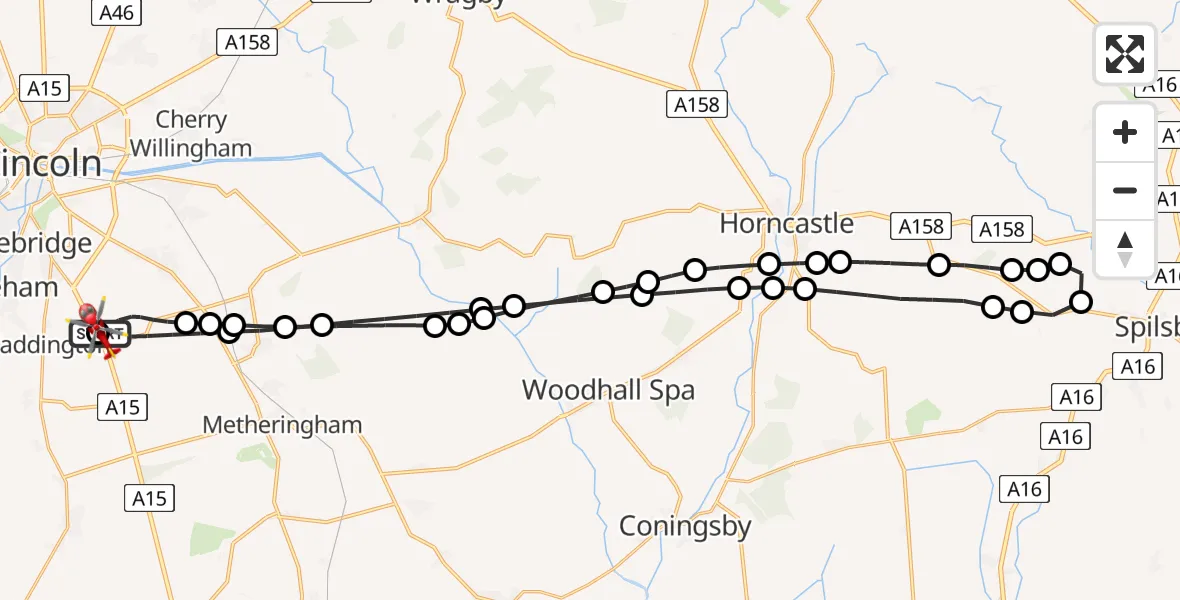 Flight route map: Air Ambulance Helicopter to North Kesteven, Sleaford Road
