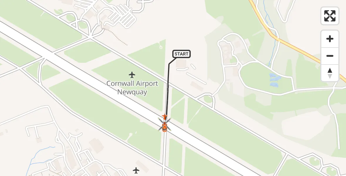 Flight path map showing Coastguard Helicopter route from Cornwall Airport Newquay to Cornwall Airport Newquay