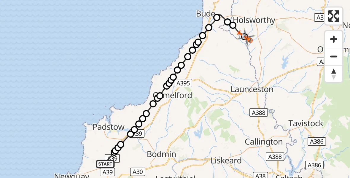 Routekaart van de vlucht: Coastguard Helicopter to North Tamerton, North Tamerton