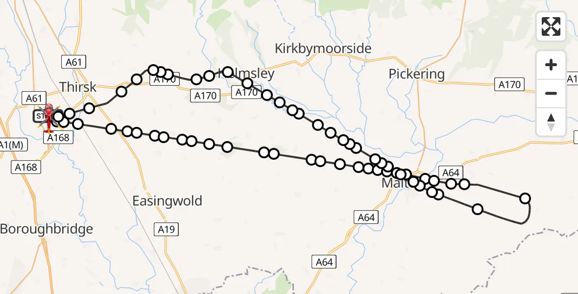 Flight route map: Air Ambulance Helicopter to RAF Topcliffe, RAF Topcliffe