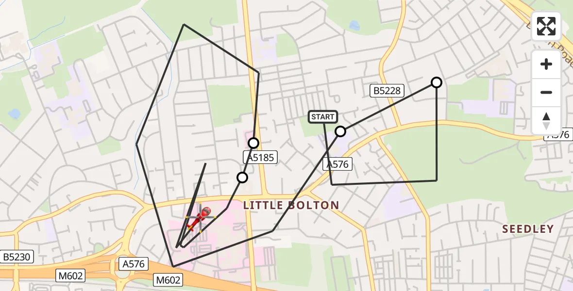 Flight route map: Air Ambulance Helicopter to Eccles, Stott Lane