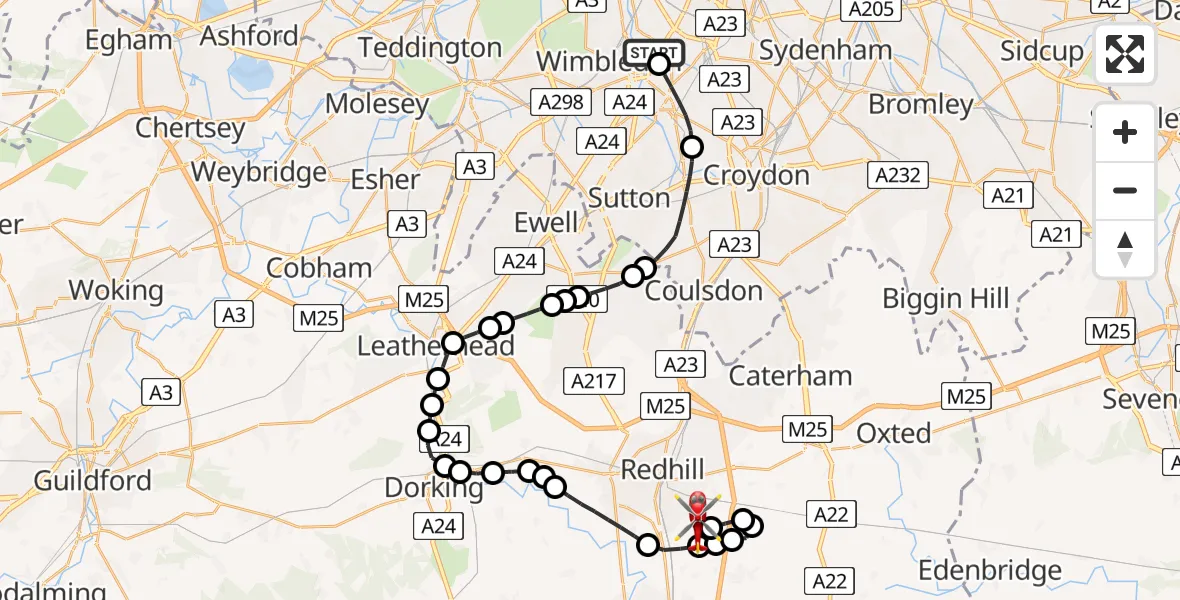 Flight route map: Air Ambulance Helicopter to Redhill Aerodrome, Redhill Aerodrome