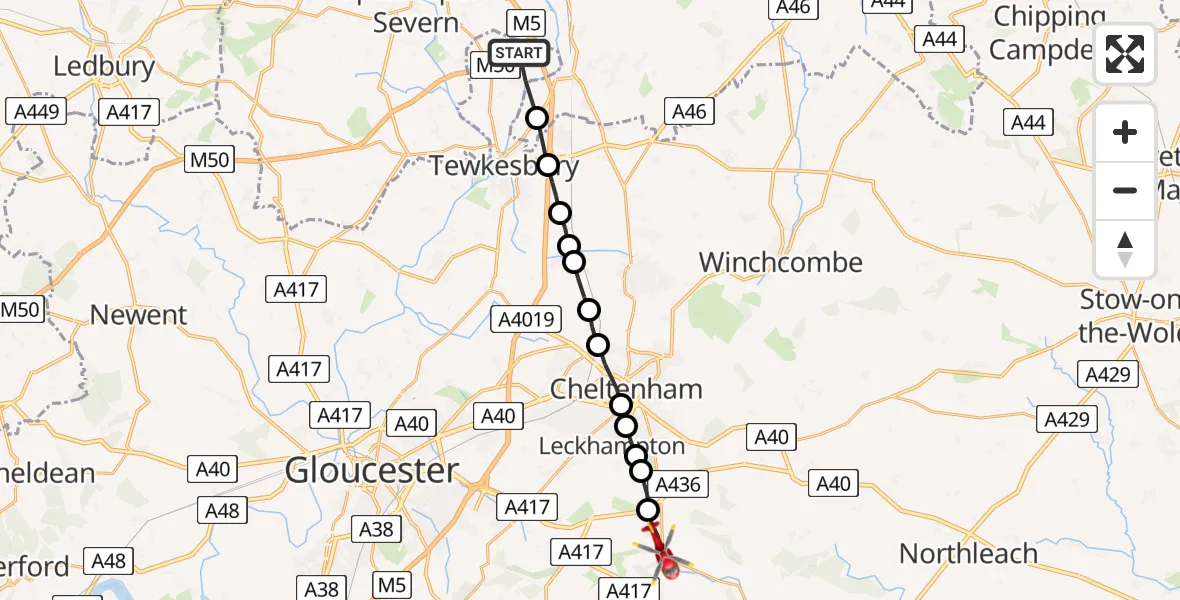 Routekaart van de vlucht: Air Ambulance Helicopter to Cowley, Cheltenham Road