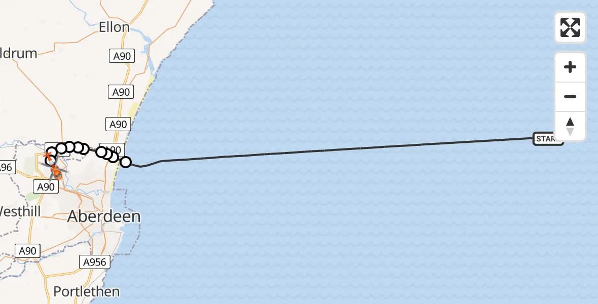 Flight path map showing Coastguard Helicopter route from North Sea to Aberdeen International Airport