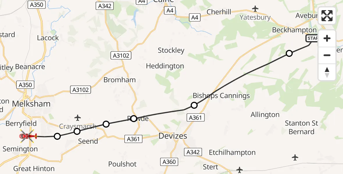 Routekaart van de vlucht: Air Ambulance Helicopter to Melksham, Commerce Way