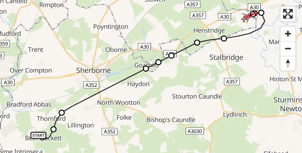 Routekaart van de vlucht: Air Ambulance Helicopter to Henstridge Airfield, Henstridge Airfield