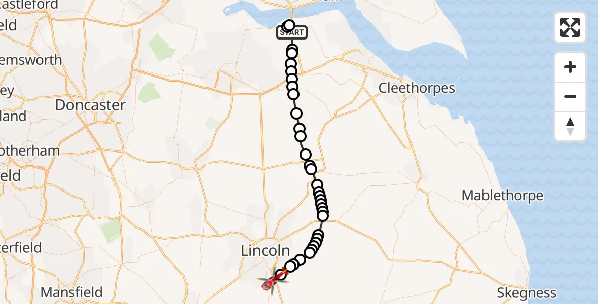 Routekaart van de vlucht: Air Ambulance Helicopter to North Kesteven, Sleaford Road