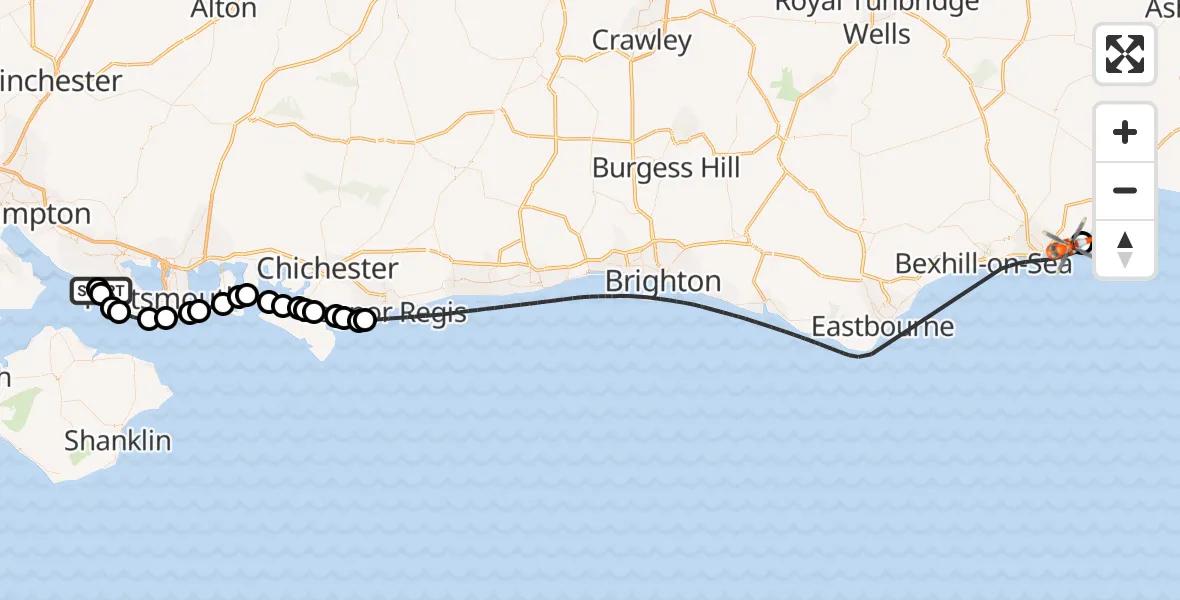 Flight route map: Coastguard Helicopter to Hastings, Lower Coastguard Lane