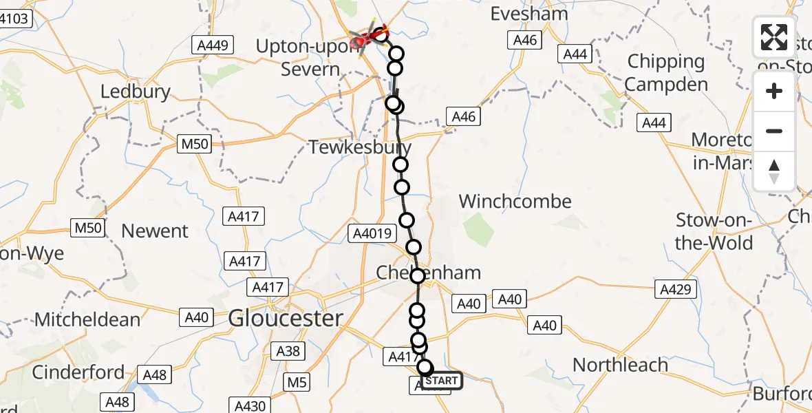 Routekaart van de vlucht: Air Ambulance Helicopter to Defford, Bourne Road