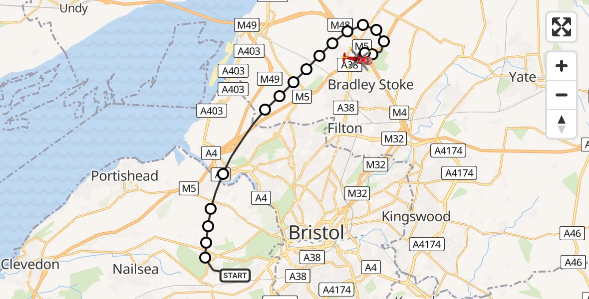 Flight route map: Air Ambulance Helicopter to Almondsbury Helicopter Base, Almondsbury Helicopter Base