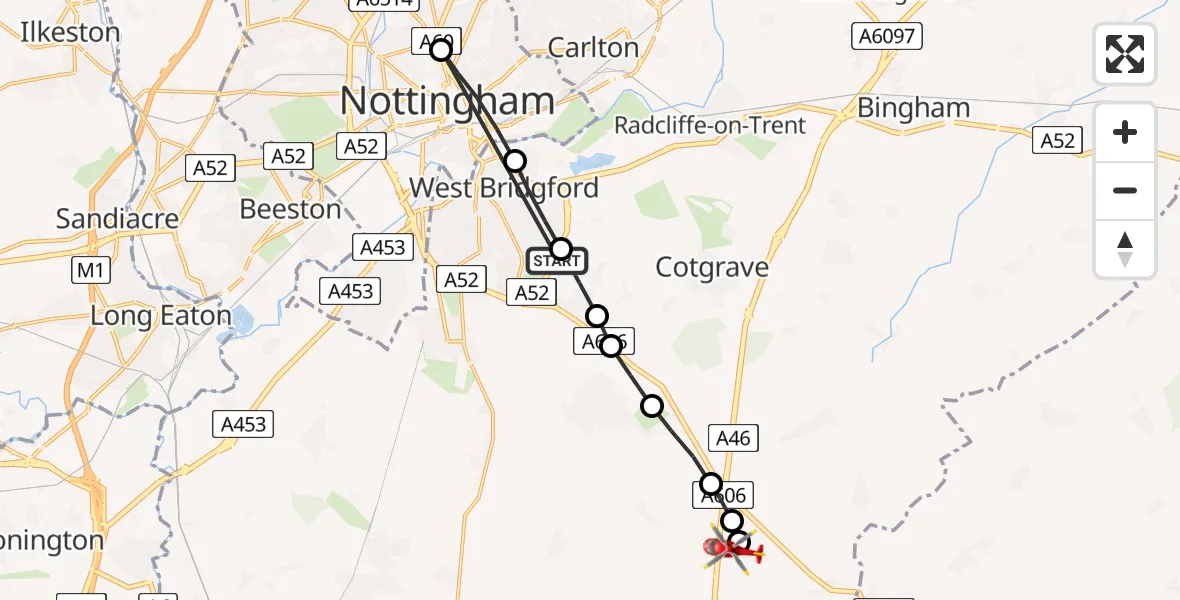Flight route map: Air Ambulance Helicopter to Nottingham Heliport, Nottingham Heliport