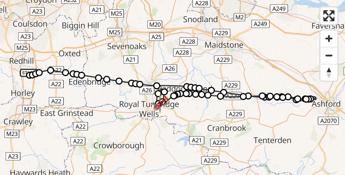 Flight route map: Air Ambulance Helicopter to Pembury, Tonbridge Road
