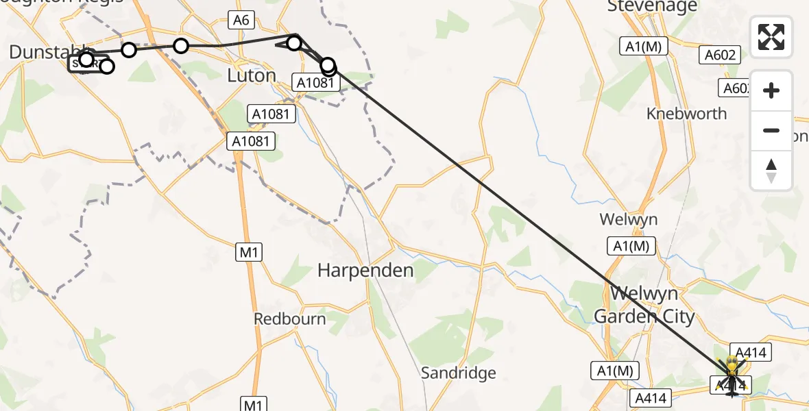 Routekaart van de vlucht: Police Helicopter to Welwyn Hatfield, Welwyn Hatfield