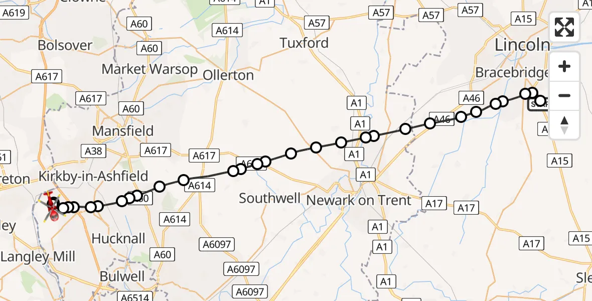 Routekaart van de vlucht: Air Ambulance Helicopter to Selston CP, Nottingham Road