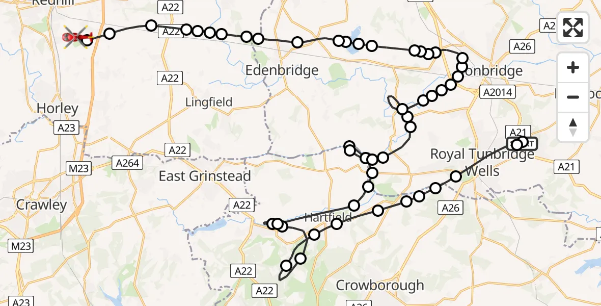 Flight route map: Air Ambulance Helicopter to Redhill Aerodrome, Redhill Aerodrome