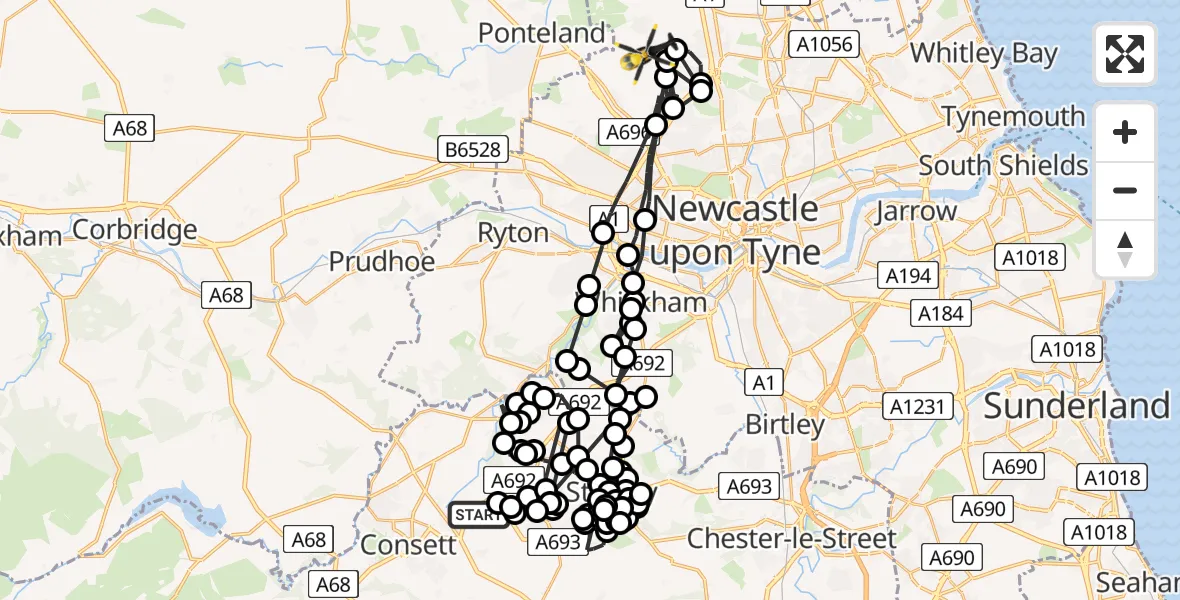 Routekaart van de vlucht: Police Helicopter to Newcastle International Airport, Newcastle International Airport