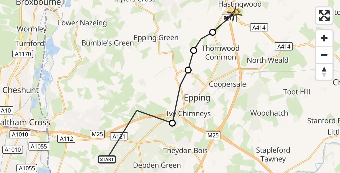 Flight route map: Police Helicopter to North Weald Bassett, Canes Lane