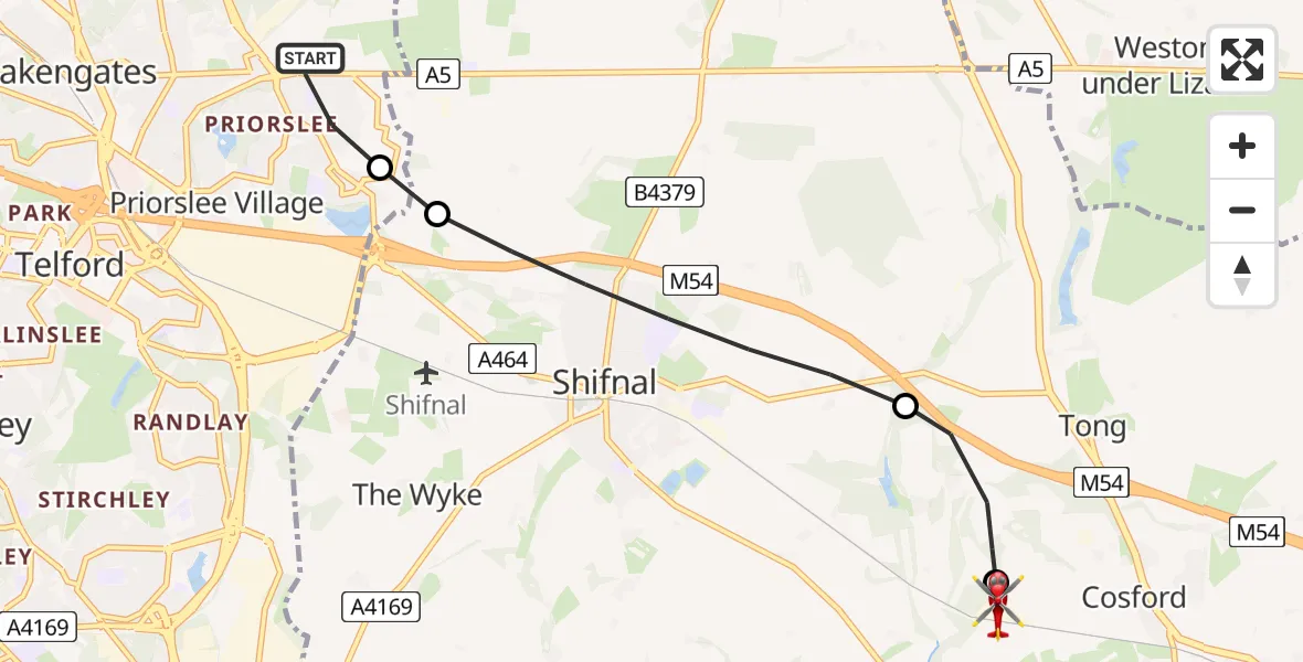 Routekaart van de vlucht: Air Ambulance Helicopter to Cosford, Airbase Avenue