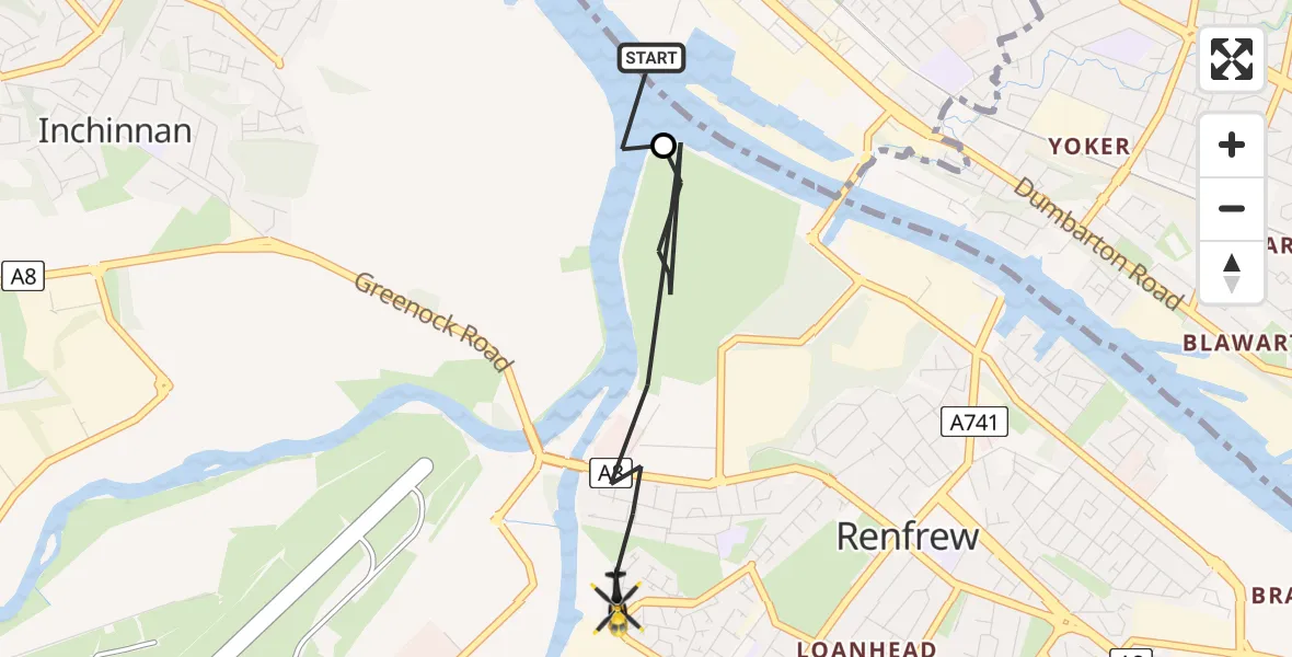 Flight route map:  to Renfrew, Kirkfield Gardens