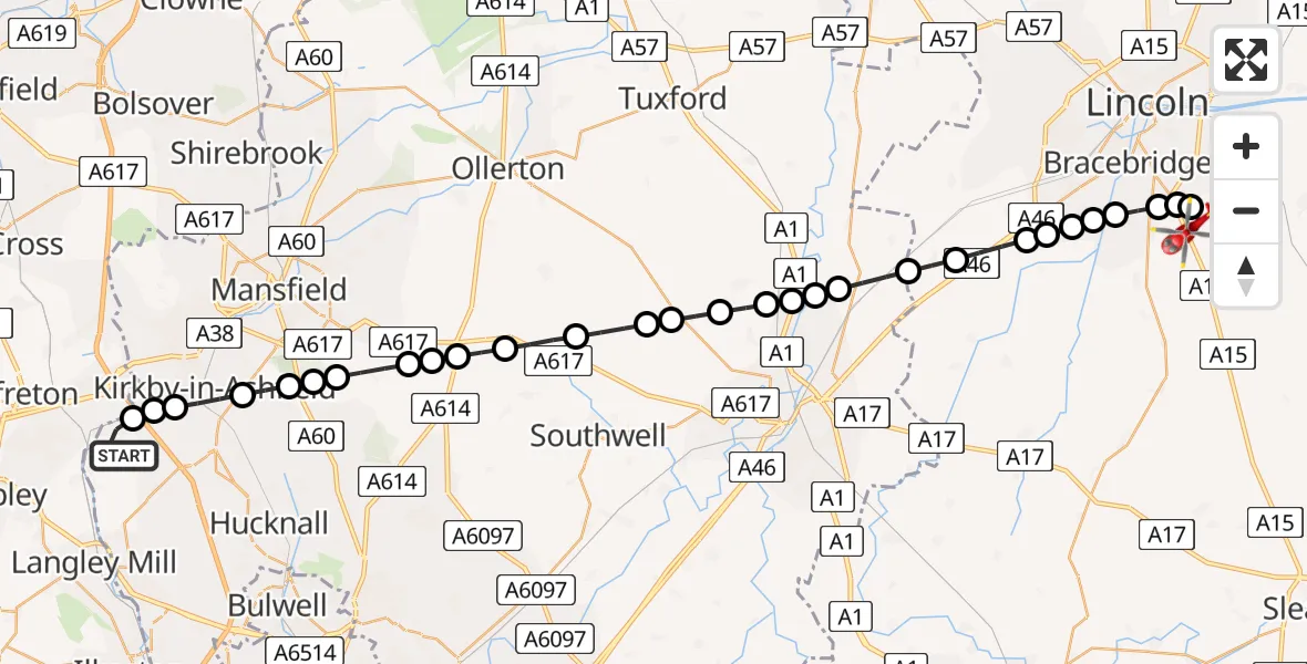 Routekaart van de vlucht: Air Ambulance Helicopter to North Kesteven, Sleaford Road
