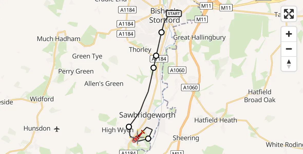 Flight route map: Air Ambulance Helicopter to Sawbridgeworth, Harlow Road