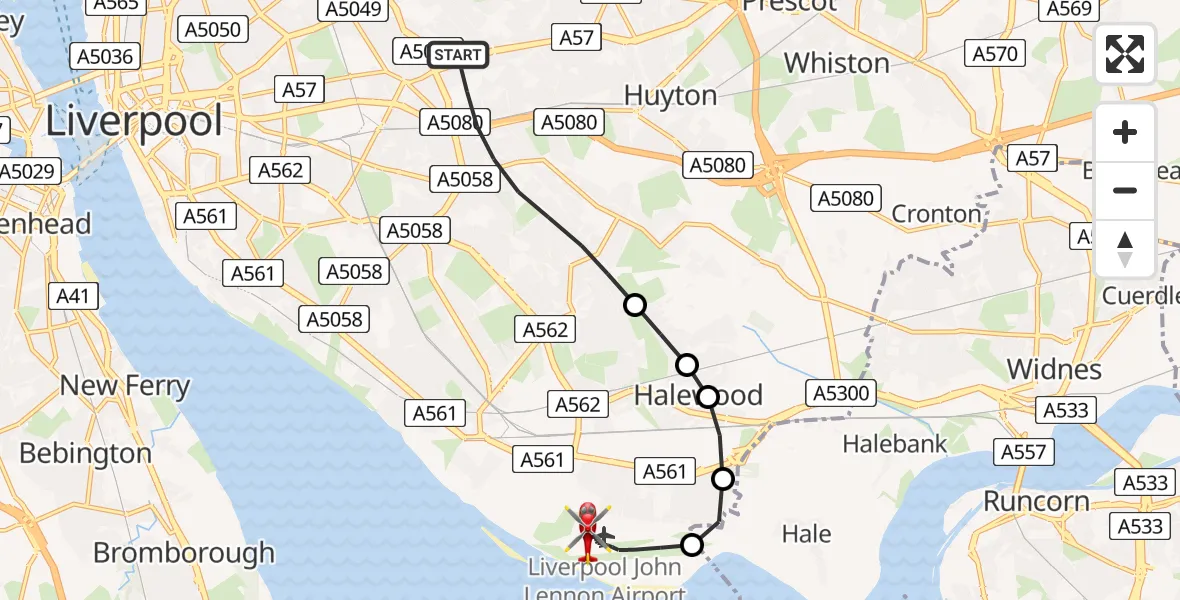 Flight route map: Air Ambulance Helicopter to Liverpool John Lennon Airport, Liverpool John Lennon Airport