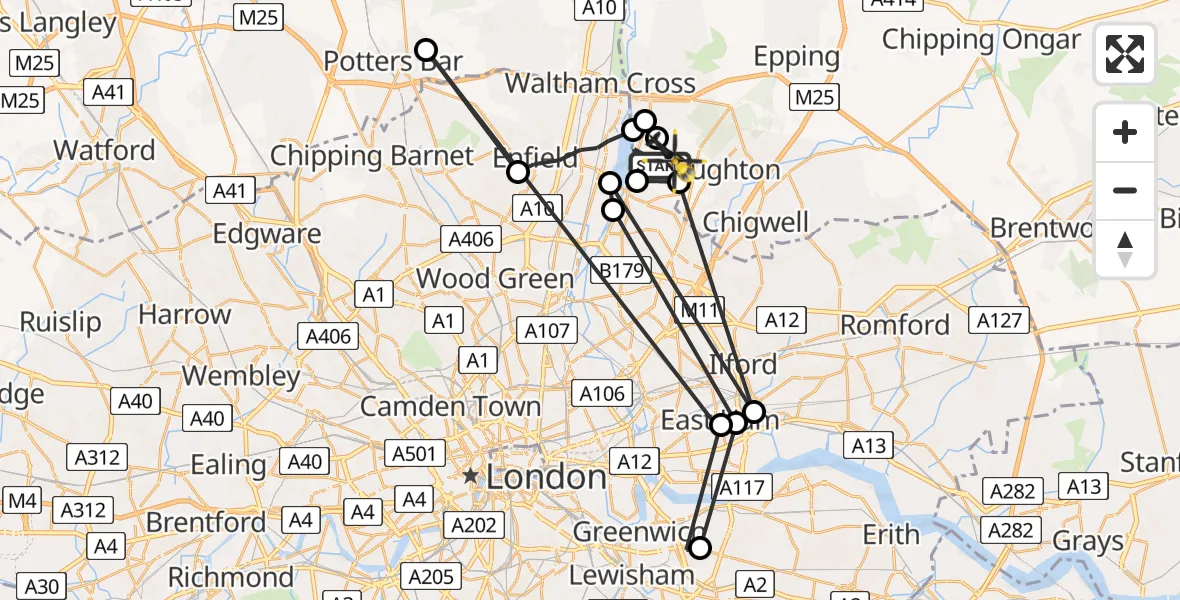 Flight path map showing Police Helicopter route from Sewardstonebury to Sewardstonebury