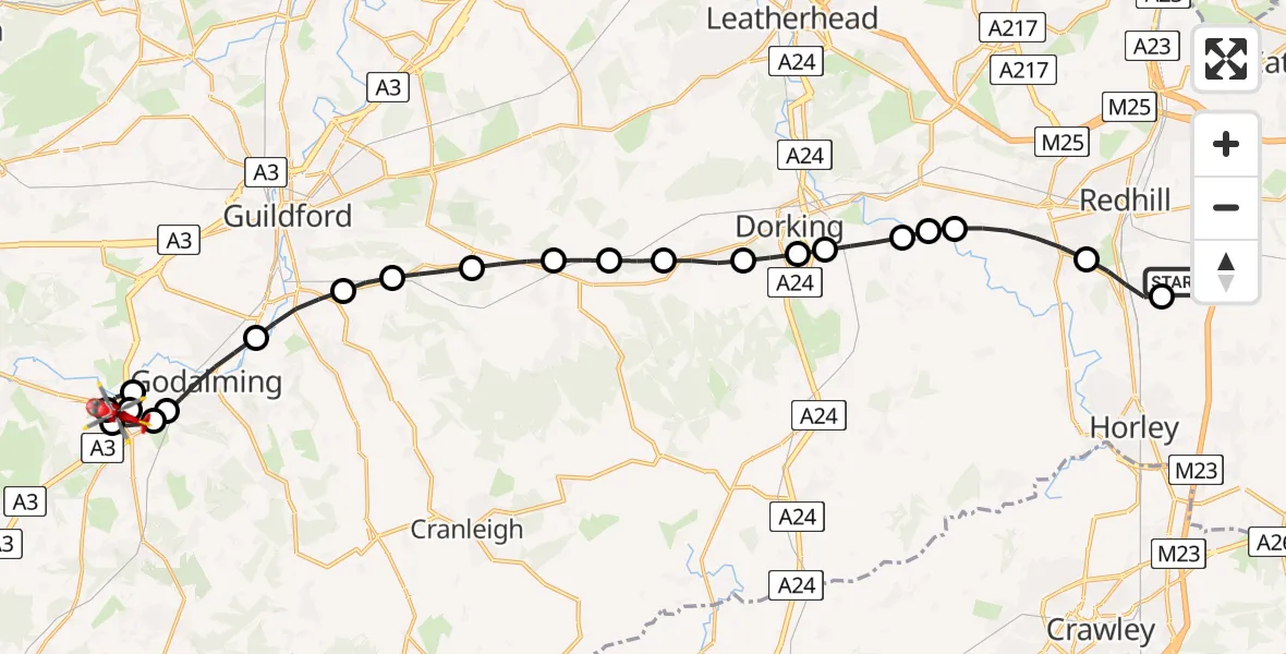 Flight route map: Air Ambulance Helicopter to Milford, Old Elstead Road