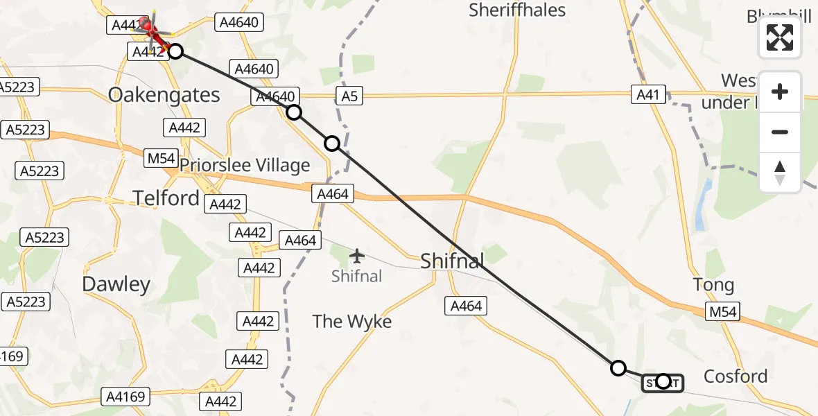 Flight route map: Air Ambulance Helicopter to Oakengates, Wrockwardine Wood Way