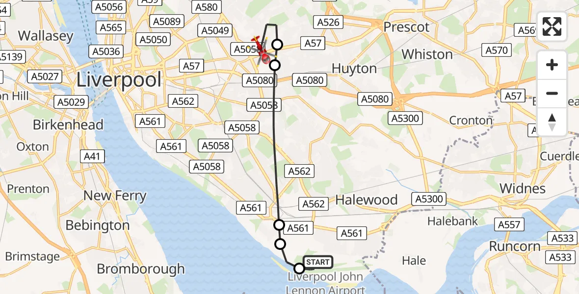 Flight route map: Air Ambulance Helicopter to Liverpool, Little Bongs