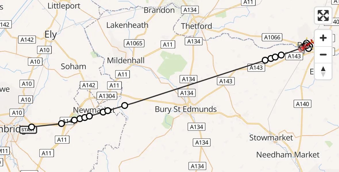 Flight route map: Air Ambulance Helicopter to Diss, Saint Mary's Drive