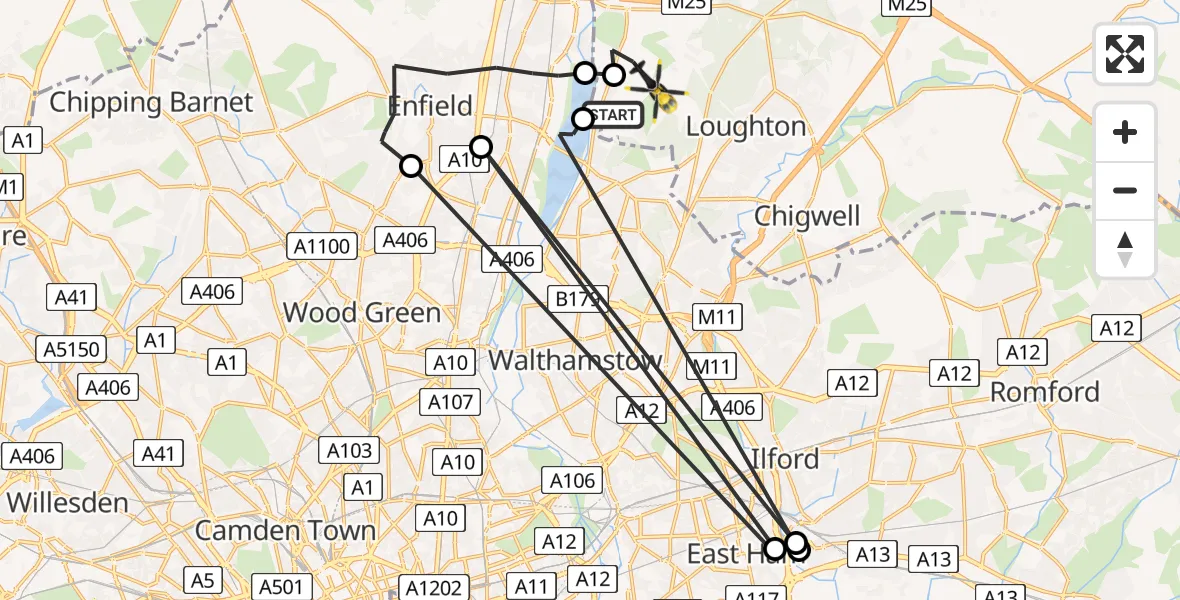 Flight route map: Police Helicopter to Epping Forest, Green Lane