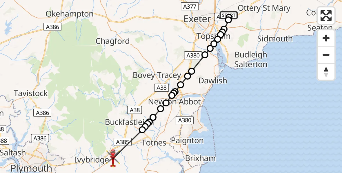 Flight route map: Air Ambulance Helicopter to Avonwick, Avonwick